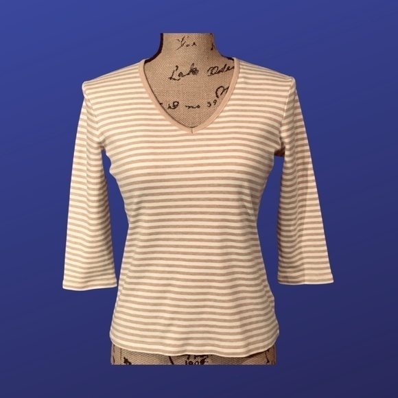 LIZ CLAIBORNE 100% Cotton Top, 3/4 Sleeve, TAN/CREAM STRIPE, Size PS, NWOT - Picture 1 of 8